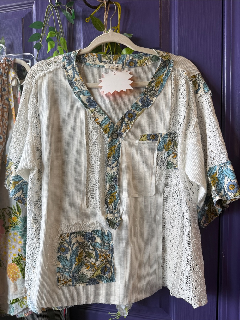POL White Tunic Top with Blue and Yellow Floral Trim